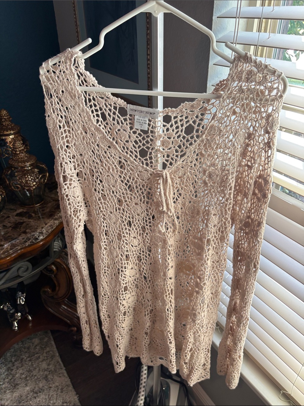 Vintage Newport News Light Beige Crochet Tie-Front Open Knit Top